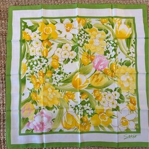 Vintage 70s Scarf AVON Burst Of Spring KENT Green Yellow White Pink Japan 1978